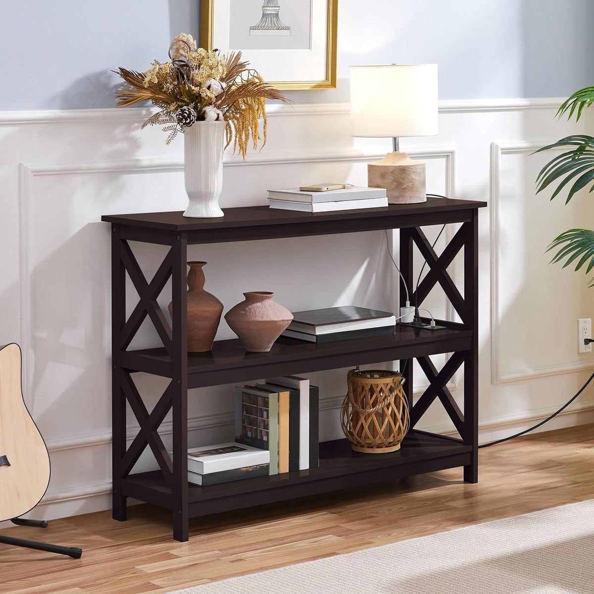 Yaheetech Console Table with Power Outlet, 3 Tier Narrow Sofa Couch Table with Storage Shelves, Wood Entryway Table Side Table for Living Room, Hallway, Entrance, Bedroom, Espresso