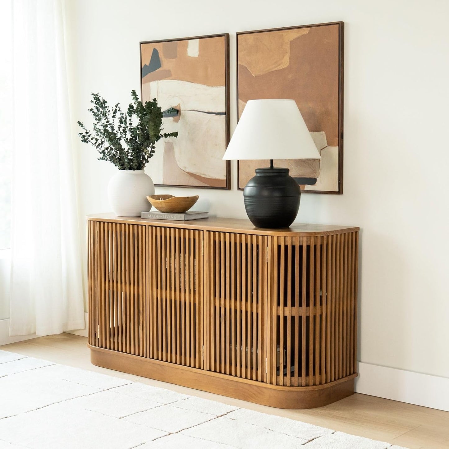 Plank+Beam Contour Wood TV Stand, Three Door Solid Wood Entertainment Console with Storage, 59" L x 16" W x 30" H, Pecan