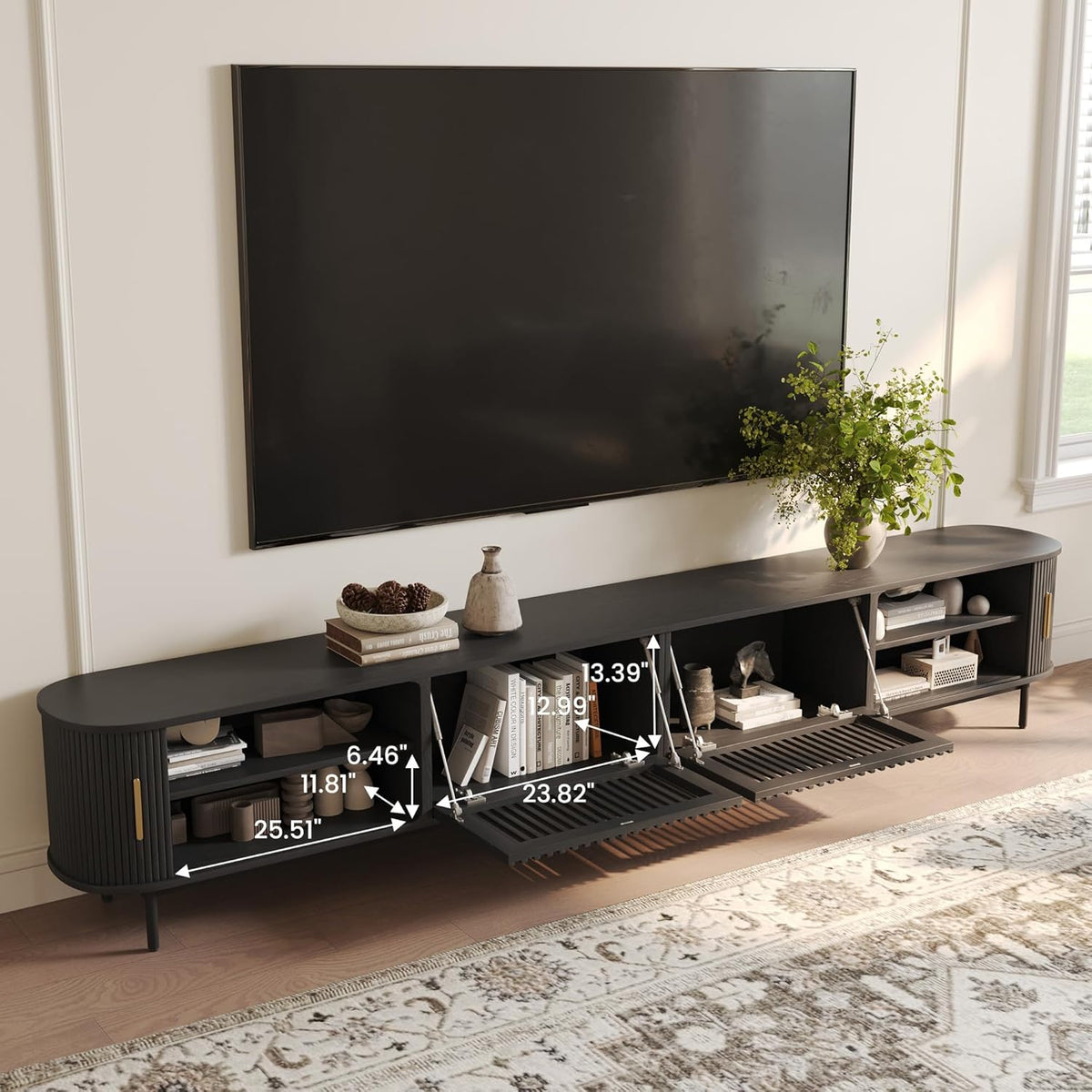 POVISON Sliding Tambour Door TV Stand, Mid Century Modern TV Console, Wood Media Console, Entertainment Center with Storage Cabinet, Fully-Assembled (Black, 118.11")