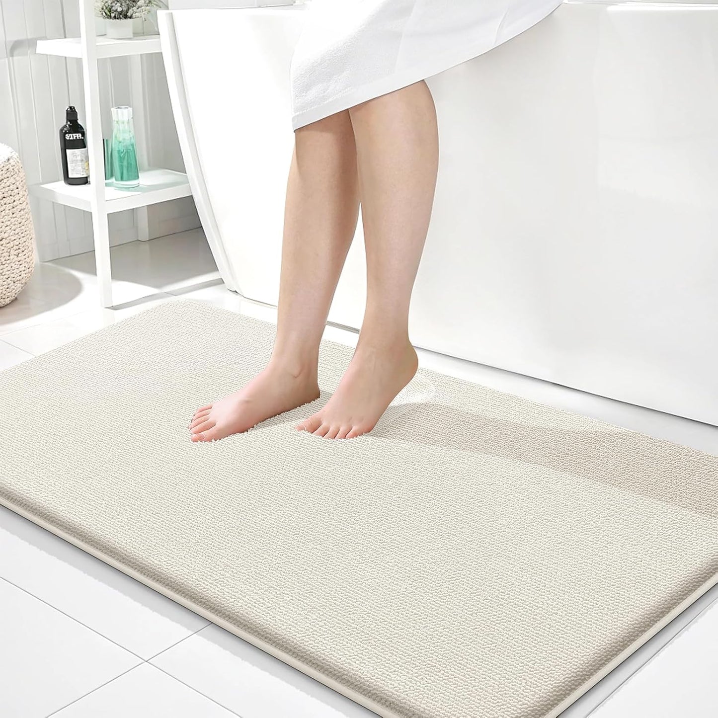 OLANLY Thick Memory Foam Bath Mat Rug 44x24, Extra Soft Absorbent Bathroom Rug, Quick Dry Bath Mats, Non-Slip, Machine Washable Carpet for Bathroom, Tub and Shower, Home Decor Accessories, Ivory