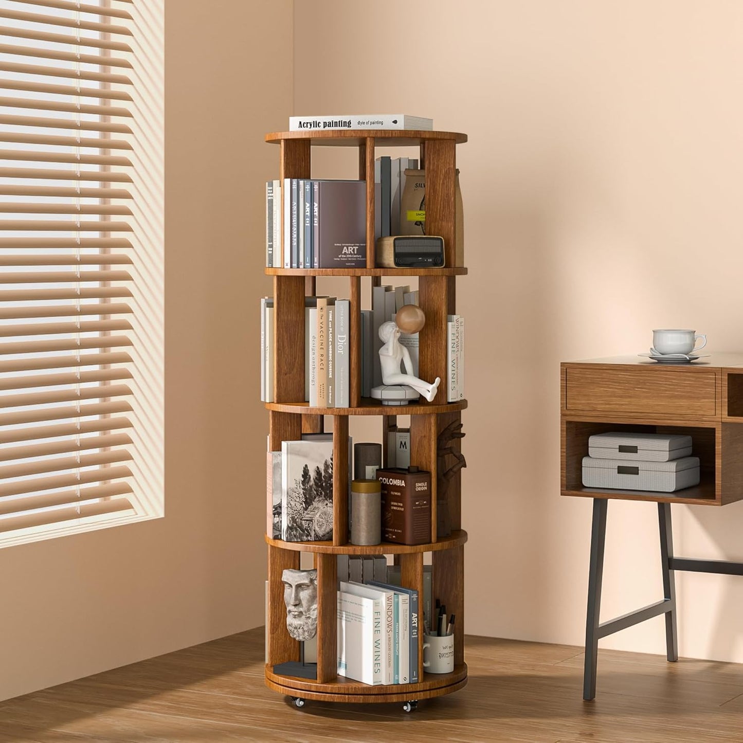 4 Tier Rotating Bookshelf Tower, 360 Spinning Bookcase Carousel with Lockable Wheels, Round Lazy Susan Organizer for Corner Bookshelf, Solid Wood Revolving Bookcase for Kids Room, Bedroom, Living Room