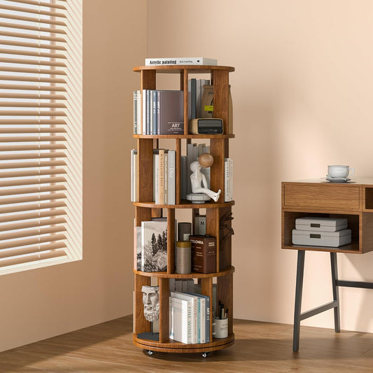4 Tier Rotating Bookshelf Tower, 360 Spinning Bookcase Carousel with Lockable Wheels, Round Lazy Susan Organizer for Corner Bookshelf, Solid Wood Revolving Bookcase for Kids Room, Bedroom, Living Room