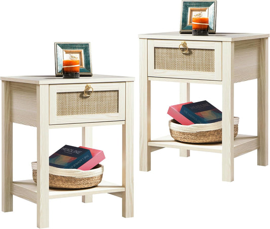 SICOTAS White Nightstand Set of 2,Rattan Decor Drawer with Brass Knobs Night Stand Wood Bedside Table Boho End Tables Side Tables with Storage Shelf