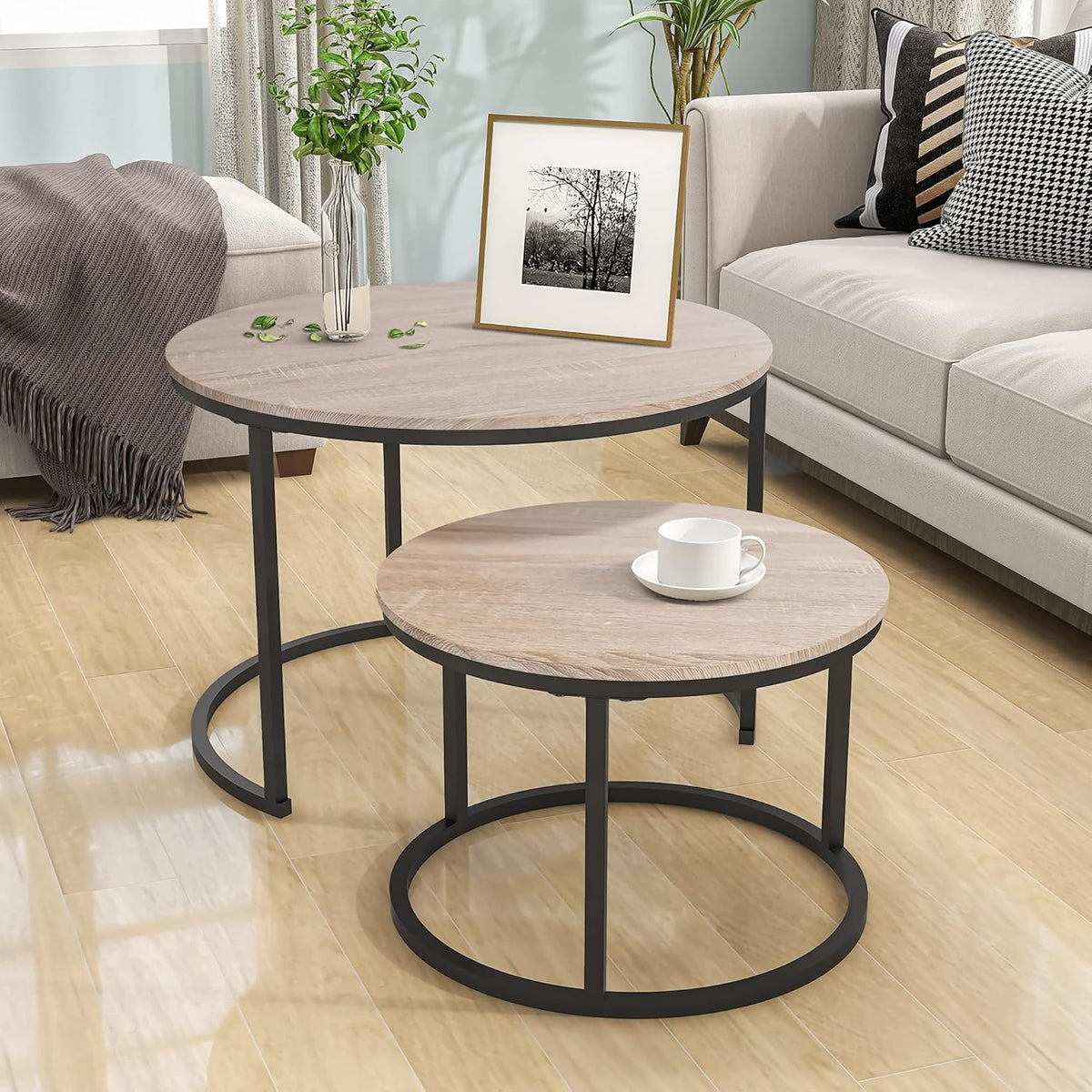 Industrial Round Coffee Table Set of 2 End Table for Living Room,Stacking Side Tables, Sturdy and Easy Assembly,Wood Look Accent Furniture with Metal Frame,Black+Teak Oak