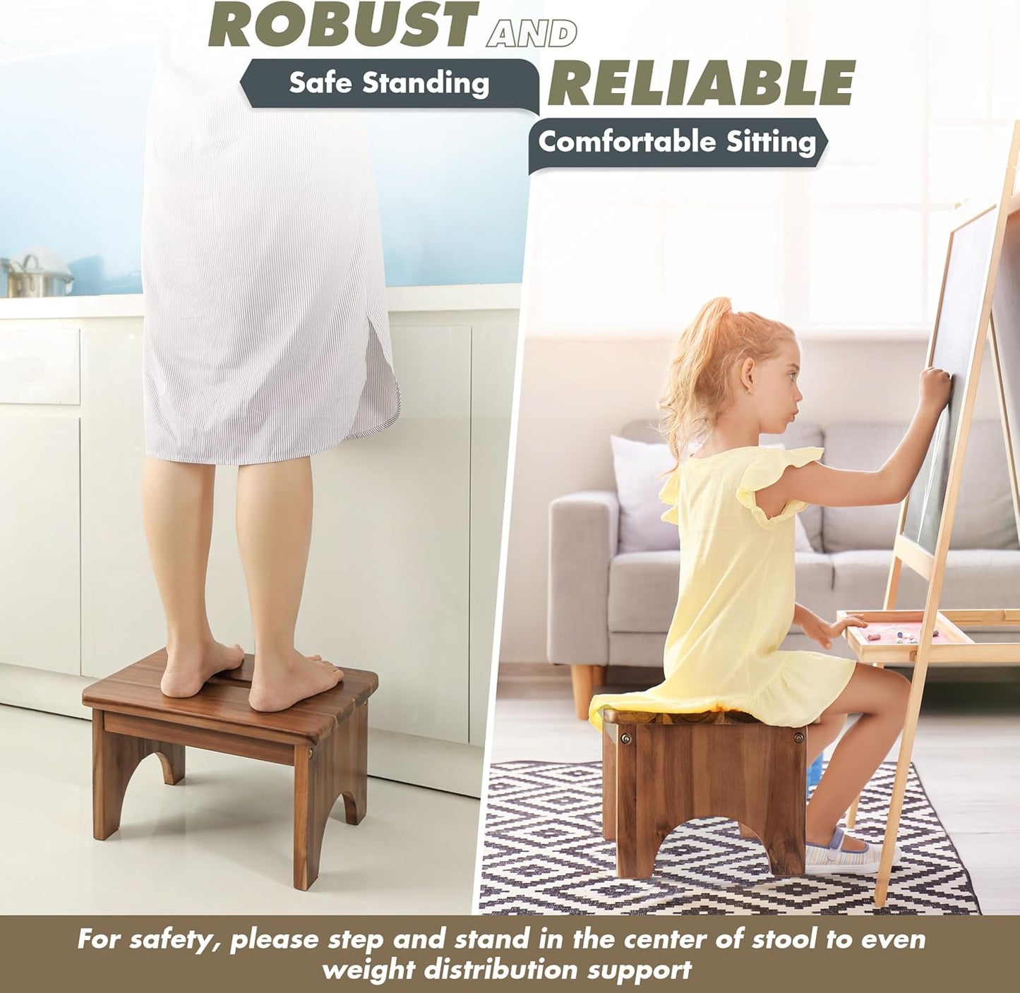 Wooden Step Stool, 9in One Step Stool for Adults, Wooden Beside Step Platform with 550 Load Capacity, Heavy Duty/Portable/Nonslip/Durable Construction Safe Step Support for Bedroom/Home Kitchen