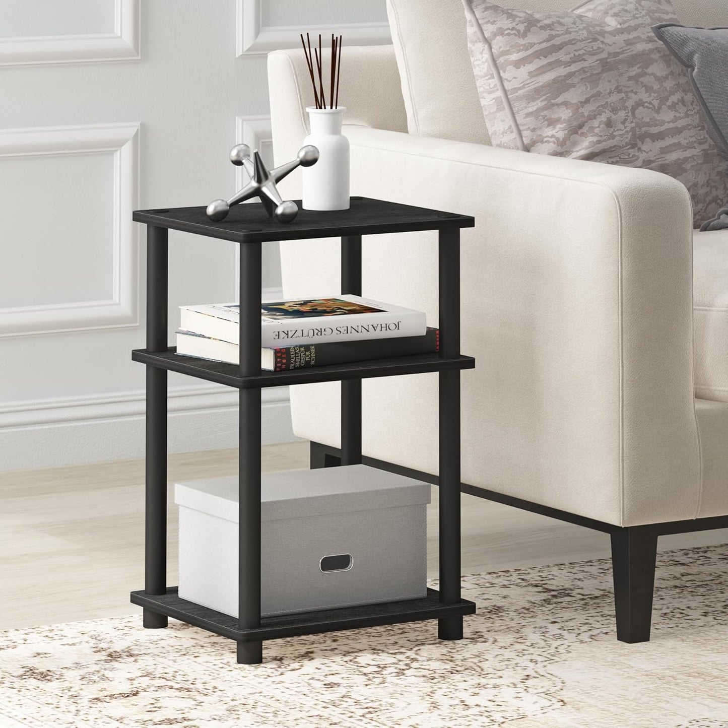 Furinno Just 3-Tier Turn-N-Tube End Table / Side Table / Night Stand / Bedside Table with Plastic Poles, 2-Pack, Americano/Black