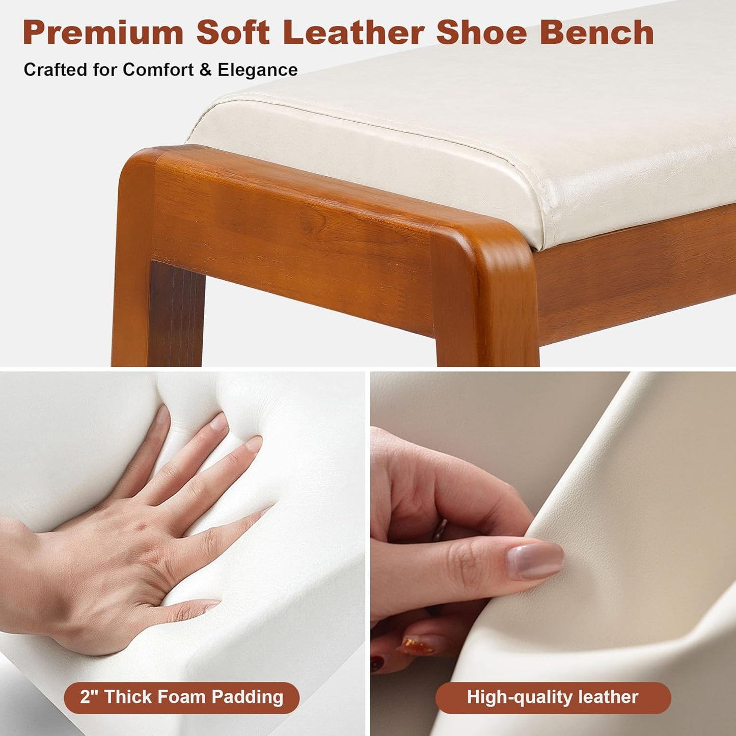 Shoe Bench Storage Rubberwood with Leather Cushion 39.4", Waterproof Easy to Clean 550LBS Organizer Shoe Rack for Entryway, Hallway, Mudroom, Front Door