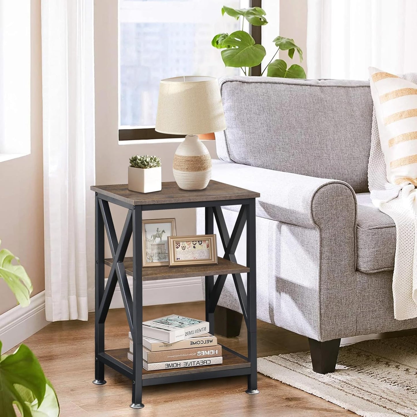 End Tables Living Room Set of 2 Farmhouse, Side Table with Storage Shelf, 16" W x 12" D x 24" H, 3 Tier Side Table Set of 2, X-Shaped Night Stands for Bedrooms, Coffee Table