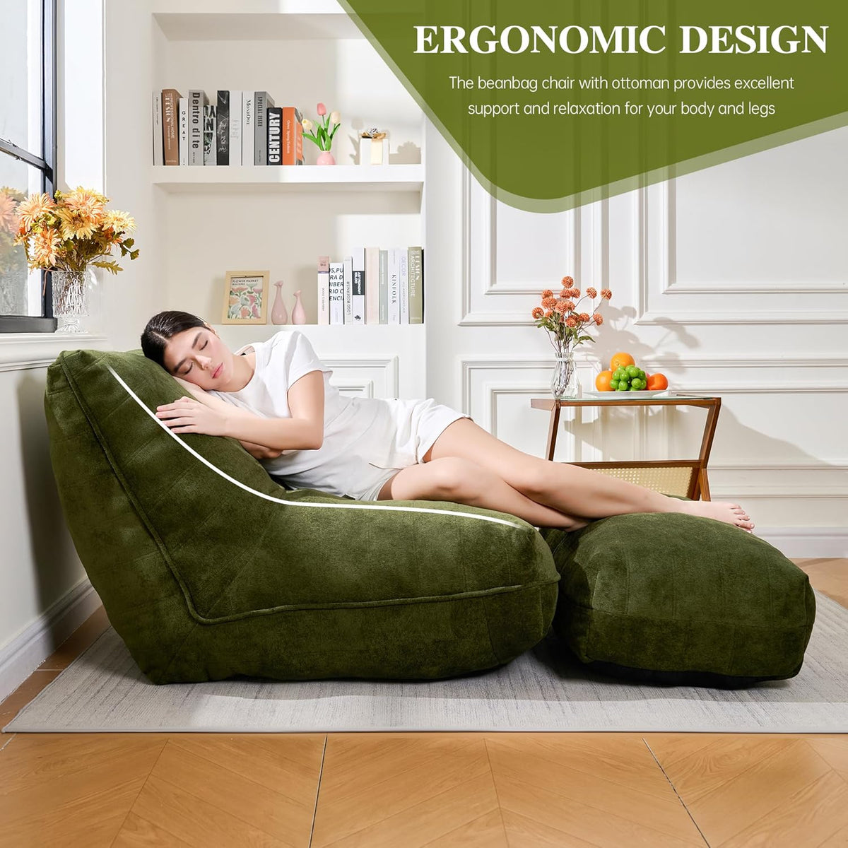 Bean Bag Chair with Ottoman, Comfy Bean Bag Sofa with Memory Foam, Lazy BeanBag Sofa with Footstool, Fireside Bean Bag Couch for Living Room, Bedroom, Apartment (Green)