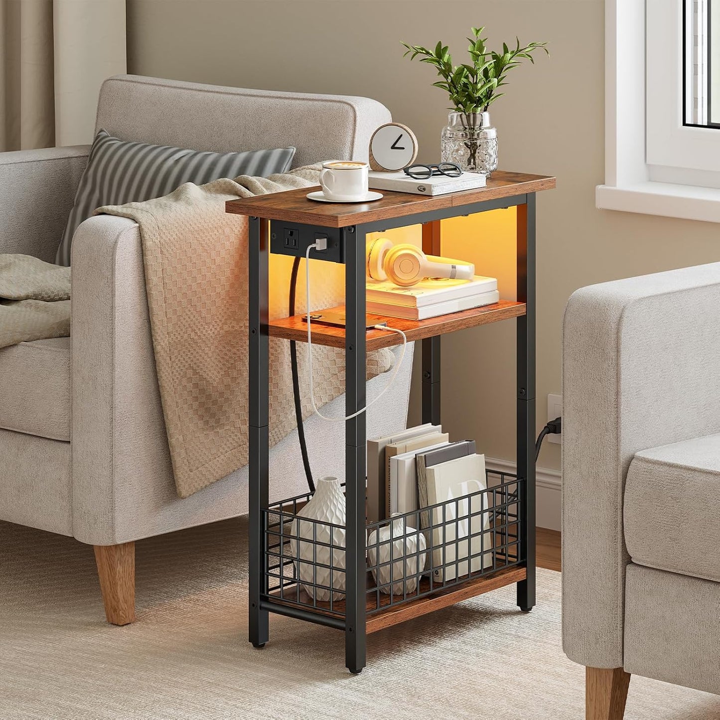 HOOBRO Narrow Side Table with Charging Station and LED Light, Set of 2, Small End Table with Storage, Skinny Nightstand Slim Bedside Table for Small Spaces, Living Room, Rustic Brown BF242UDBZP201