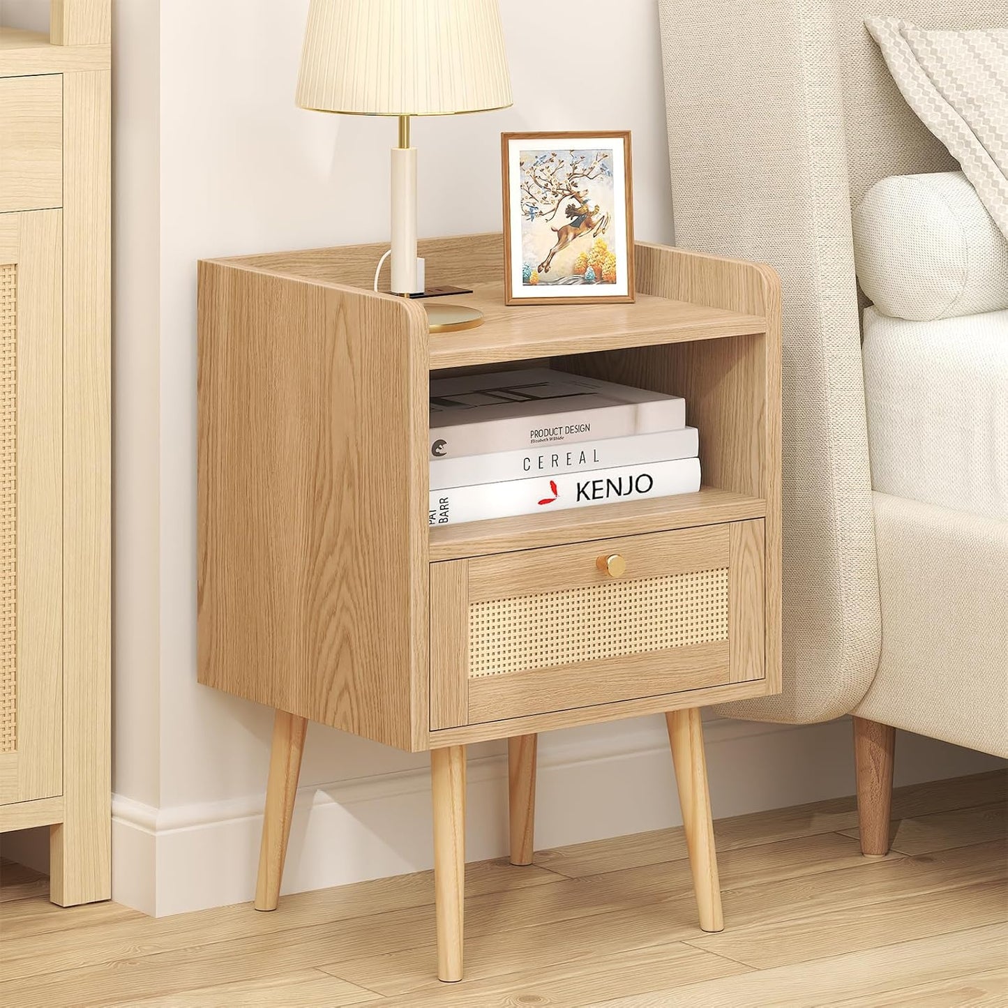 Nightstand Rattan with Charging Station, Mid Century Modern Bed Side Table, Boho End Table with Wood Legs, Bedside Tables for Bedroom Living Room (1, Natural, 11.8" D x 15.9" W x 23.4" H (1 Drawers))