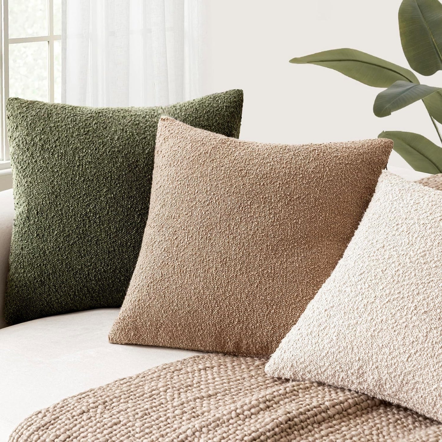 Foindtower Set of 2, Decorative Textured Boucle Throw Pillow Covers Accent Solid Pillow Cases Neutral Soft Cozy Couch Cushion Case for Chair Sofa Bedroom Living Room Home Decor 26x26 Inch Moss Green