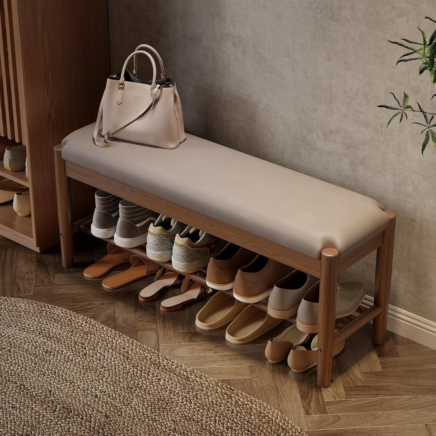 Shoe Bench Entryway with Cushion, Solid Wood Bench with Shoe Storage, 2-Tier Shoe Rack Bench for Entryway,Hallway (Gray)