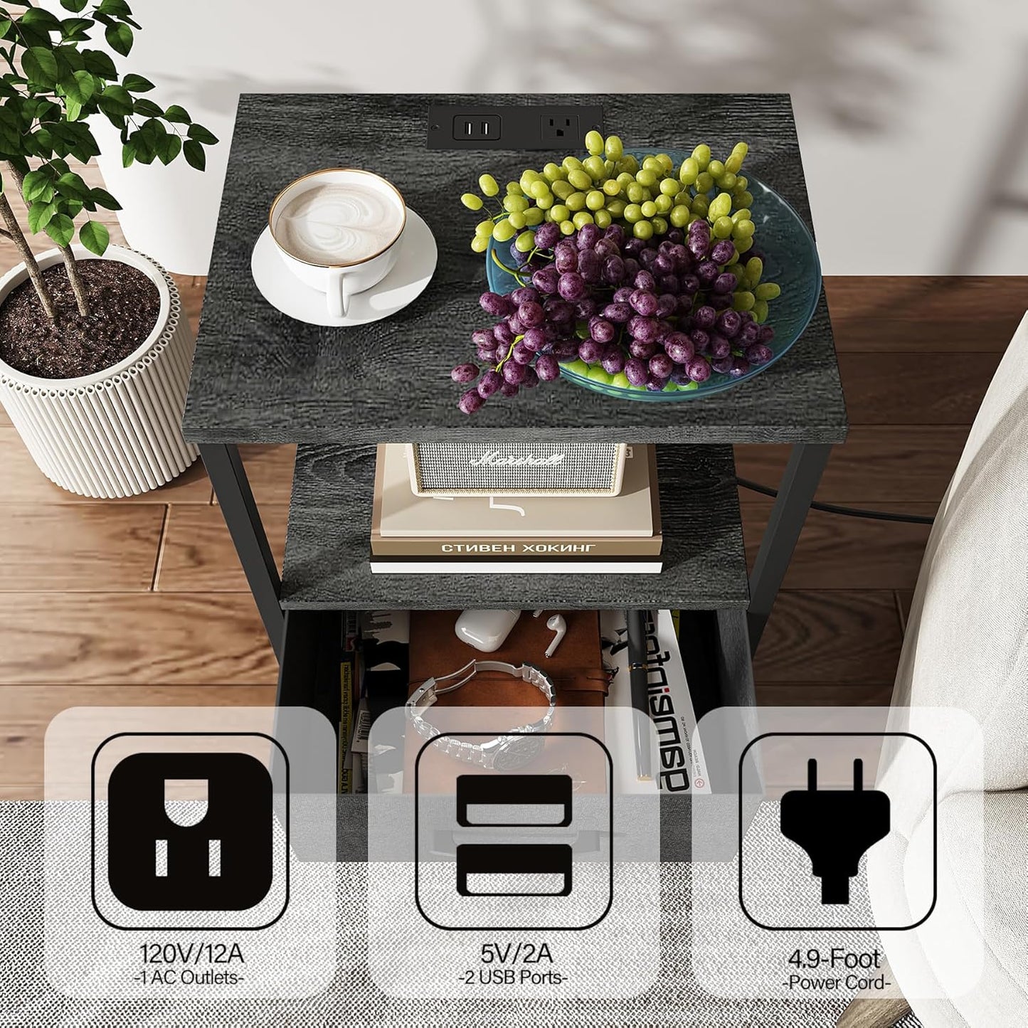 TUTOTAK End Table with Charging Station, Side Table with 2 USB Ports and Outlets, Nightstand with Cloth Drawer, Set of 2, Couch Table, Charcoal Grey TB01BY052