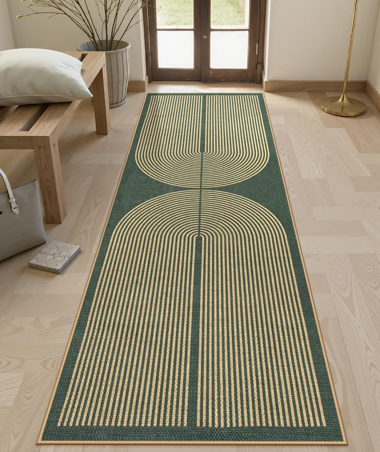 Lahome Modern Rainbow Easy Jute Kitchen Runner, 2x8 Indoor Outdoor Runner Rug for Hallway Entryway, Farmhouse Dark Green Non Slip Floor Carpet for Bedroom Foyer Laundry Room
