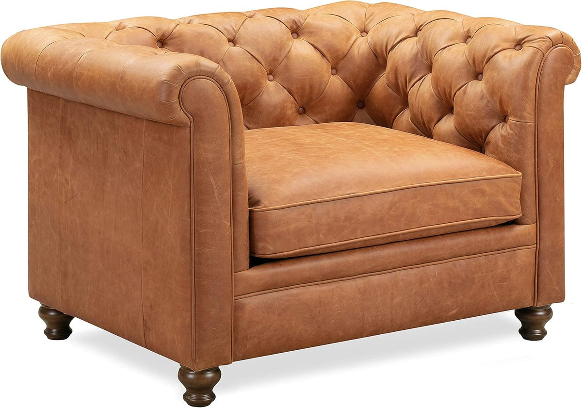 POLY & BARK Lyon Leather Lounge Chair – Cognac Tan Full-Grain Leather Upholstery – Modern Upholstered Accent Chair for Living Room or Bedroom – Indoor Lounge Seating with Lasting Comfort