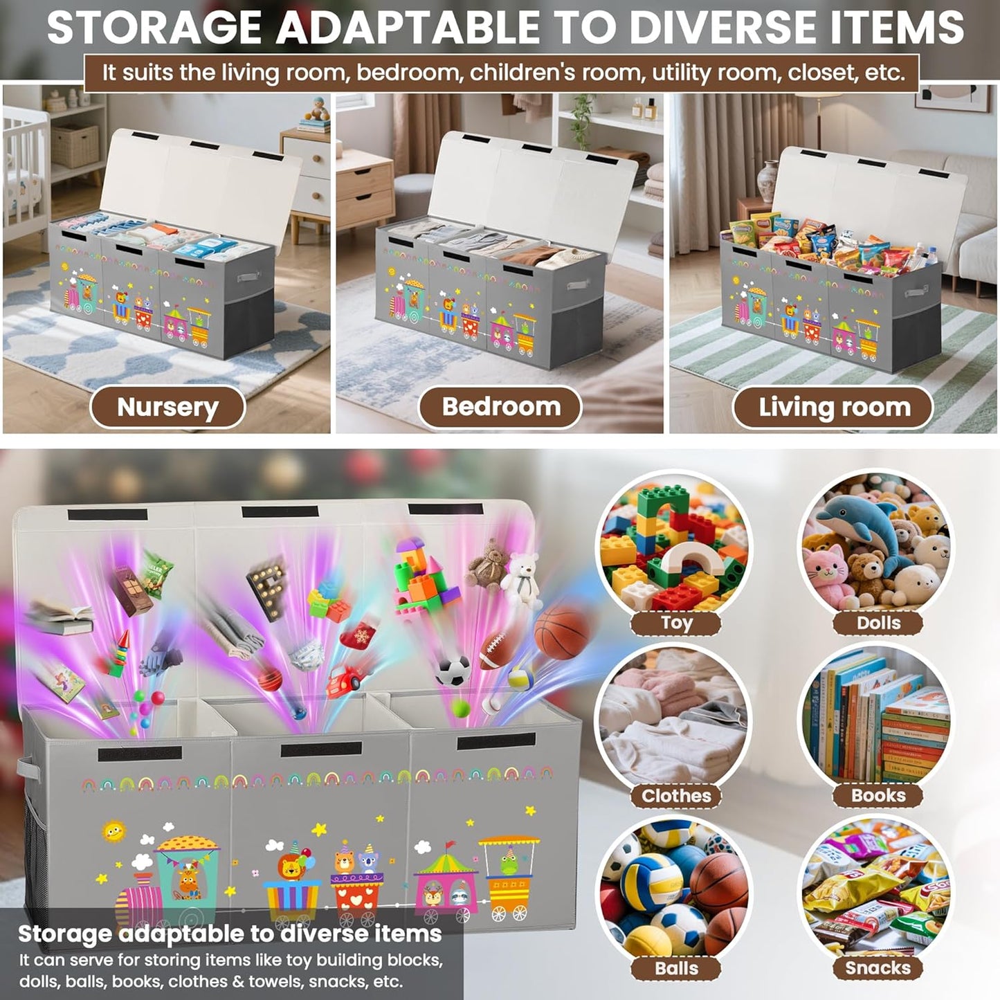 120L Large Toy Storage Box with Lid, Extra Large Toy Box Chest, Large Toy Box for Kids, Girls and Boys, Nursery Room and Living Room, 40"x13" x16"(grey-train)