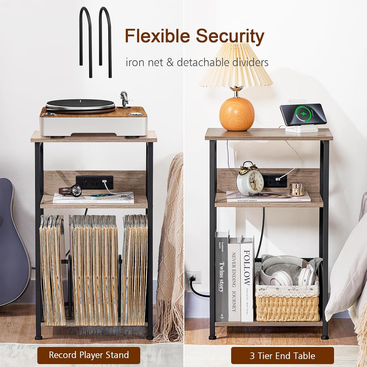 AMHANCIBLE Record Player Stand with Charging Station, Turntable Stand with Storage Cabinet, 3 Tier End Table Hold Up to 100 Albums, Record Stand for Vinyl, Living Room, Greige, HETCD01GY-1