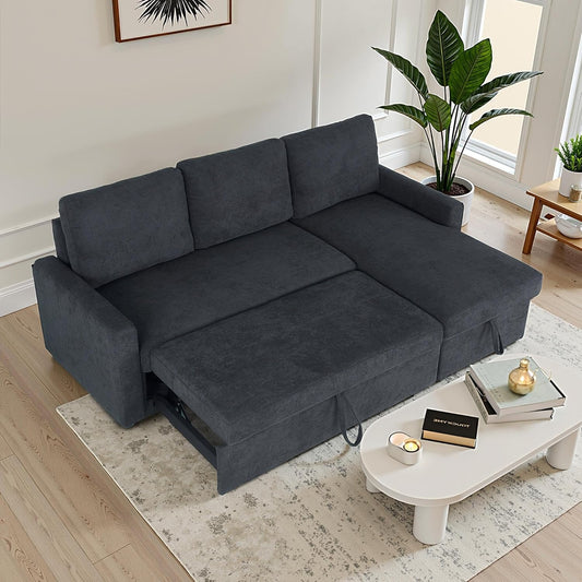 83" Pull Out Sleeper Couch with Storage Chaise, Couch, Sofa Bed, Convertible L Shaped Sofa for Living Room, Apartment, Dark Grey