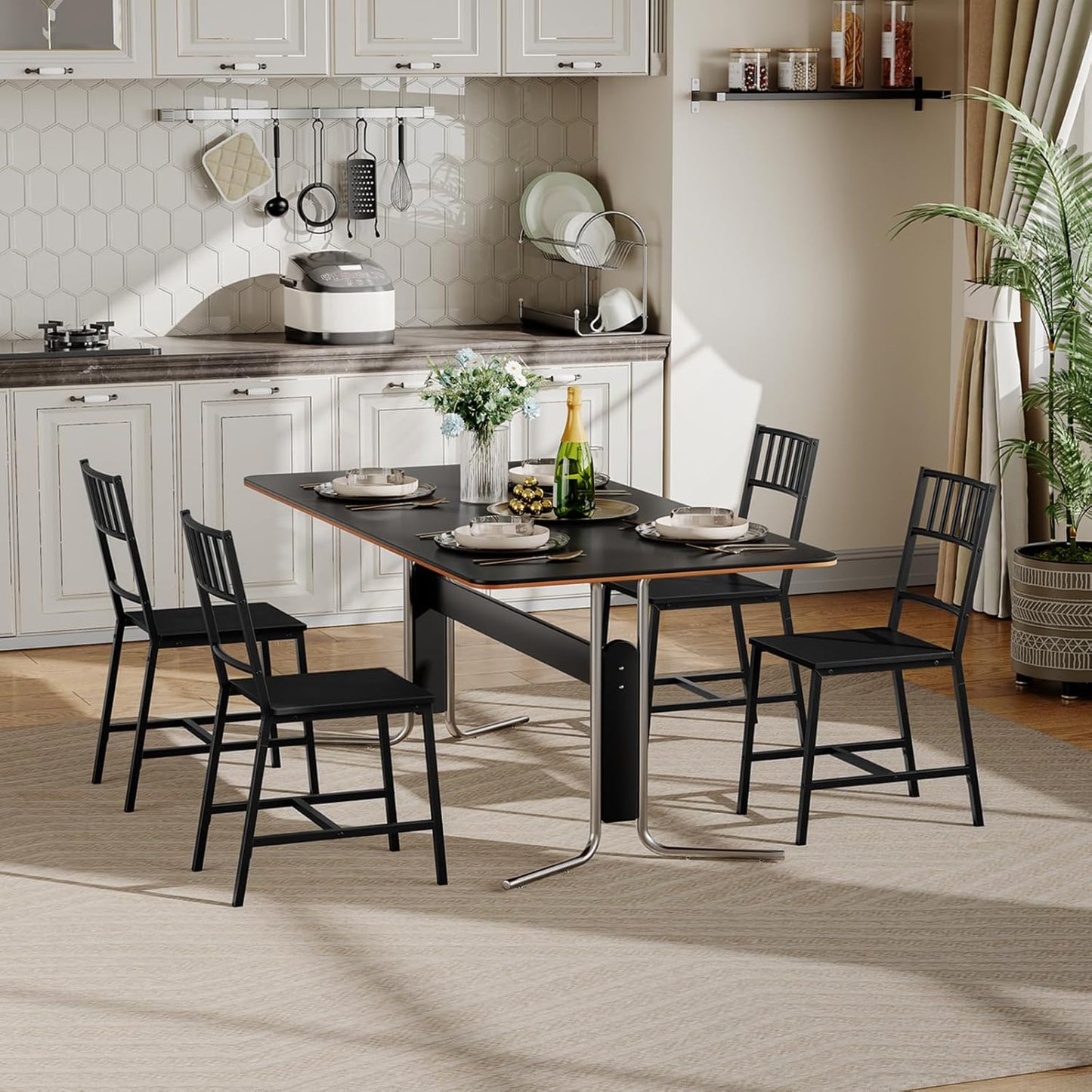 HOOBRO Kitchen Chairs Set of 2, Wooden Dining Room Chairs with Metal Frame, Dining Chairs with Back, Easy to Assemble, Farmhouse Dining Chairs for Kitchen, Living Room, Black BB39CD01