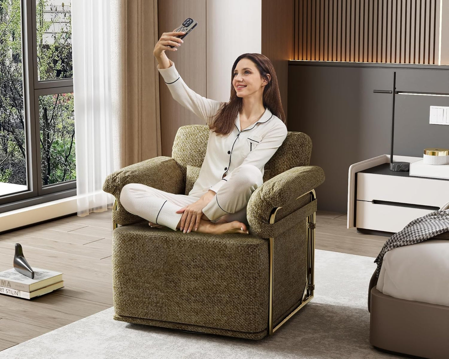 KEIKI Modern Comfy Swivel Accent Reading Chair with Waist Pillows, 360°Square Upholstered Barrel Armchair Single Club Lounge Sofa Chairs for Living Room,Bedroom,Office,Brown