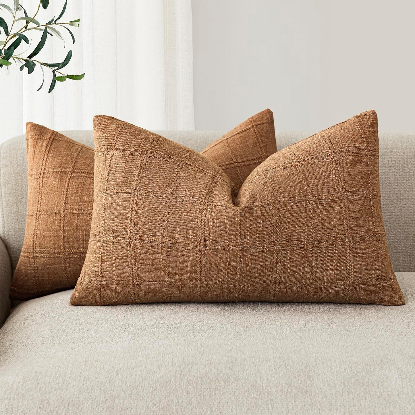 Foindtower Set of 2 Decorative Linen Check Throw Pillow Covers Neutral Farmhouse Lumbar Cushion Covers Modern Boho Home Decor for Sofa Chair Couch Bedroom Living Room Outdoor,12×20 Inch,Brick