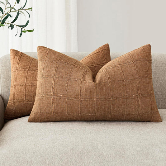 Foindtower Set of 2 Decorative Linen Check Throw Pillow Covers Neutral Farmhouse Lumbar Cushion Covers Modern Boho Home Decor for Sofa Chair Couch Bedroom Living Room Outdoor,12×20 Inch,Brick