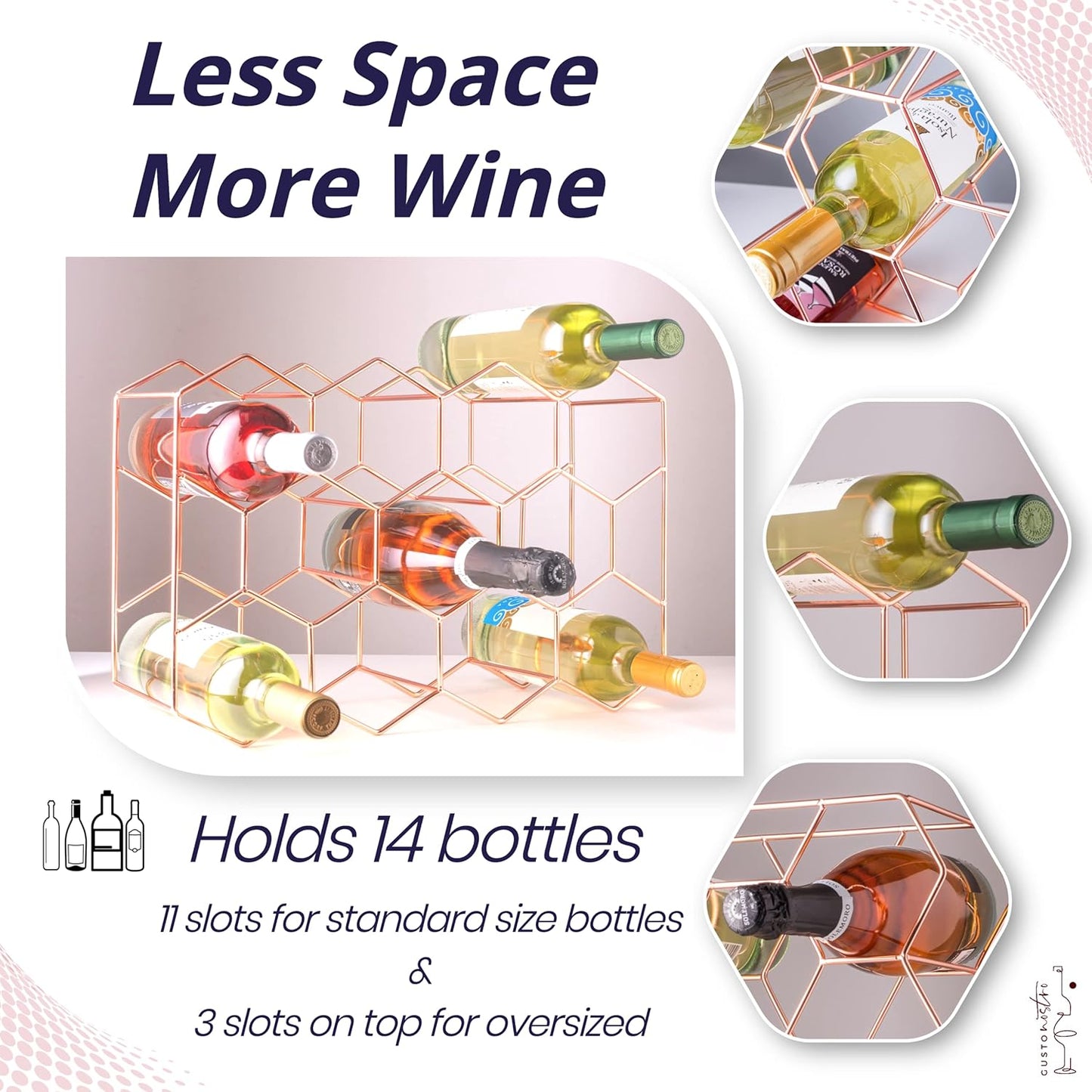 Gusto Nostro Countertop Wine Rack - 14 Bottle Freestanding Modern Metal Wine Rack - 3 Tier Tabletop Wine Holder Stand for Cabinet, Pantry Wine Bottle Storage - No Assembly Required (Small, Rose Gold)