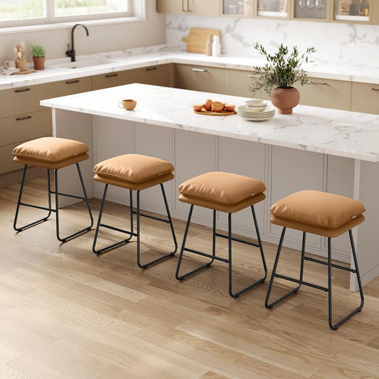 VASAGLE Bar Stools Set of 4, Counter Height Bar Stools, Leather Counter Stools Barstools with Soft Cushion and Metal Sled Legs, 25.6 Inches Bar Height Bar Chairs for Kitchen Island, Caramel Brown