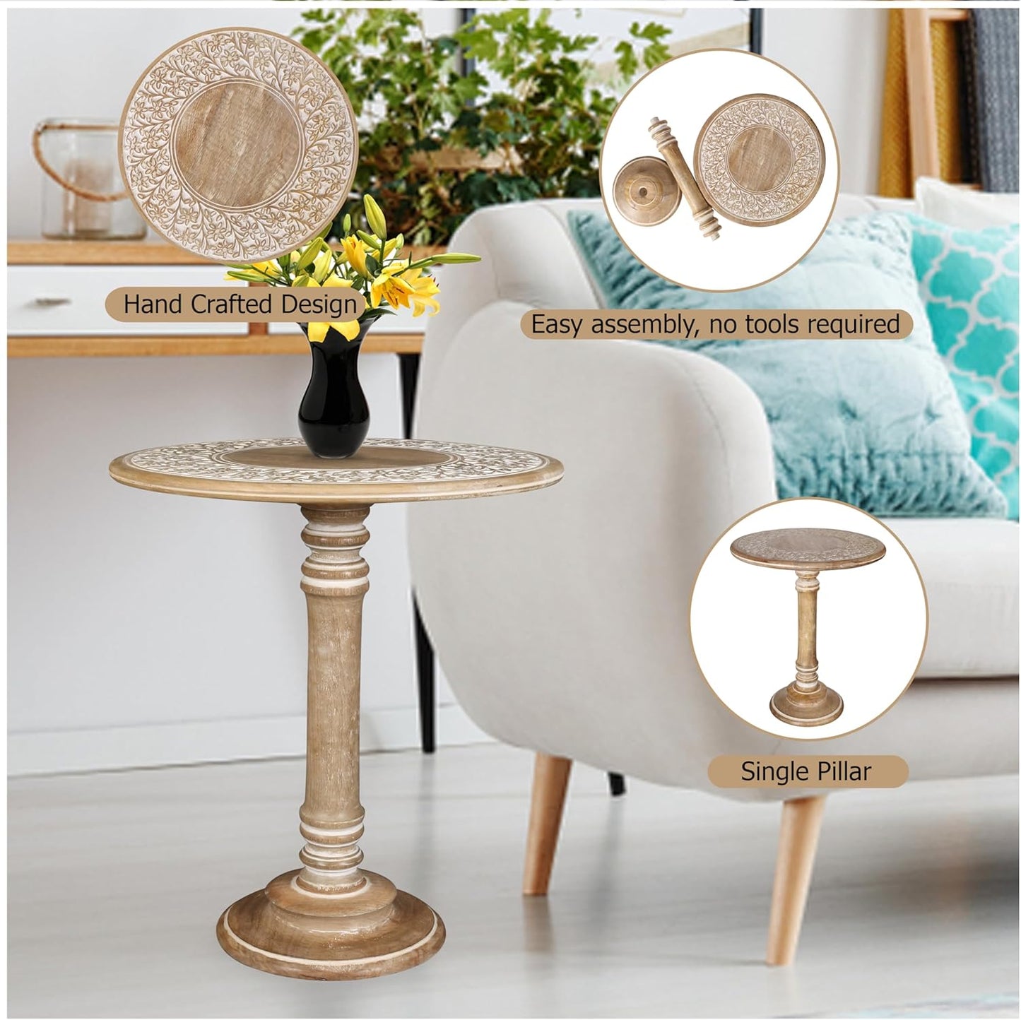 Lightnpro Carved Round End Table with Single Pillar - Handcrafted Accent Bedside Nightstand Side End Table for Living Room, Entryway, Vintage Desk for Books, Plants & Décor - 18x22 Inch - White Wash