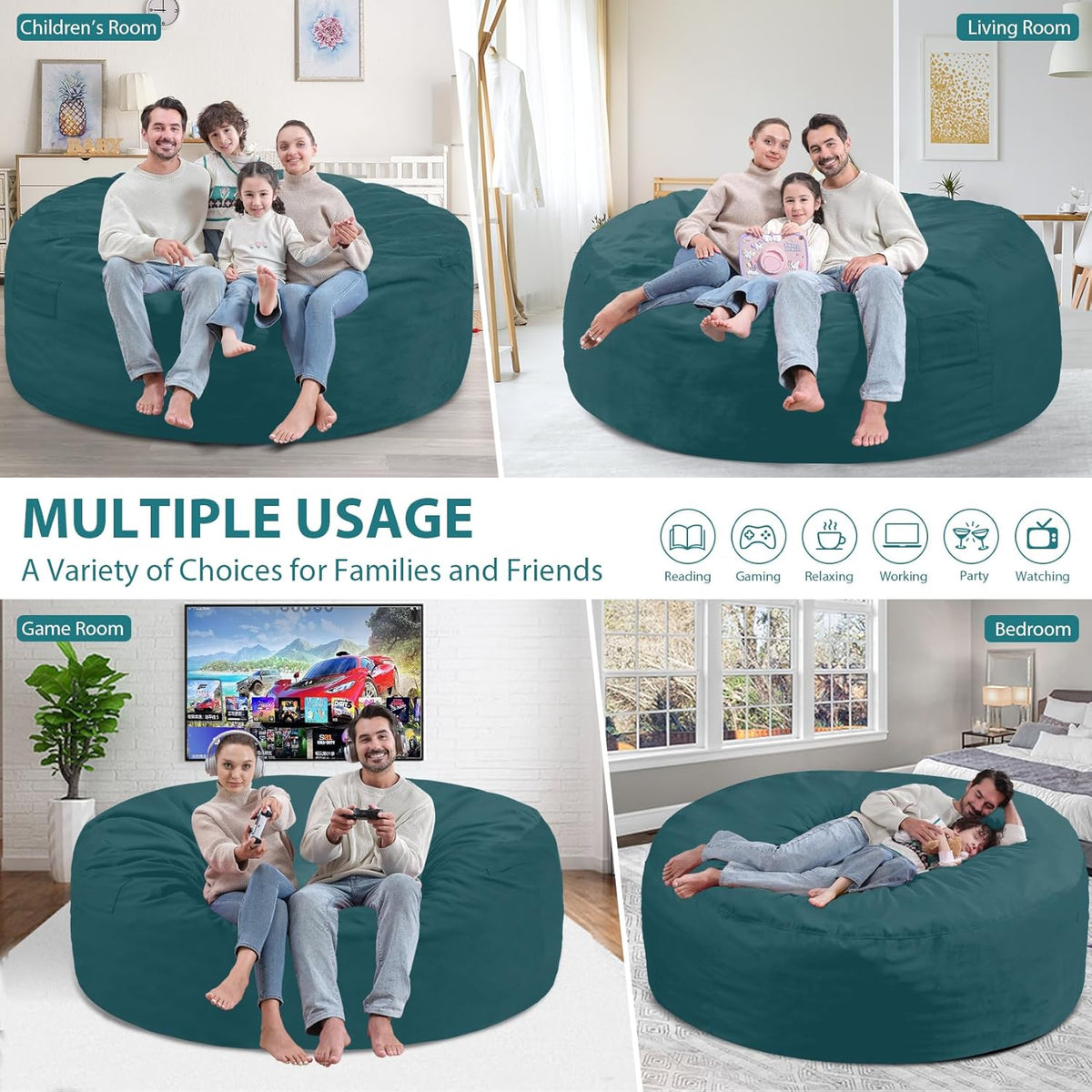 6FT Bean Bag Chair, Large Bean Bag Chairs with Memory Foam Filled, Fluffy Beanbag Sofa with Dutch Velvet Cover, Round BeanBag Chairs for Living Room, Playroom - Sea Blue