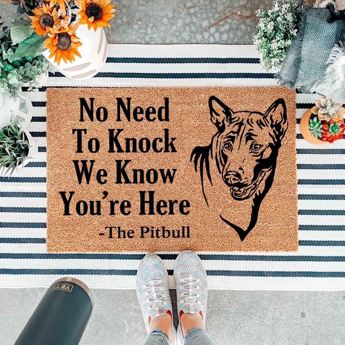 Funny Coir Doormat with The Pitbull Dog We Know You are Here - Front Door Mat, Entryway Welcome Mat, 23.7 x 15.7 inch