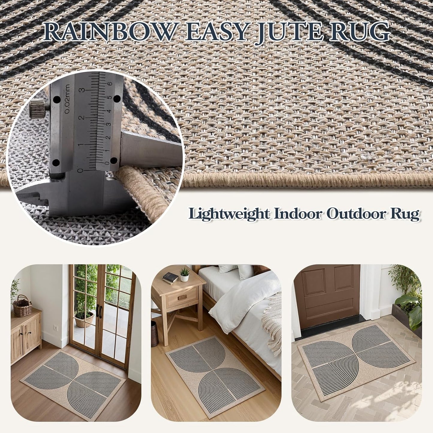 Lahome Rainbow Easy Jute Rug, 2x3 Farmhouse Kitchen Rugs Non Slip Washable Entryway Rug, Neutral Non Slip Non Shedding Low Pile Indoor Outdoor Door Mats for Porch Foyer
