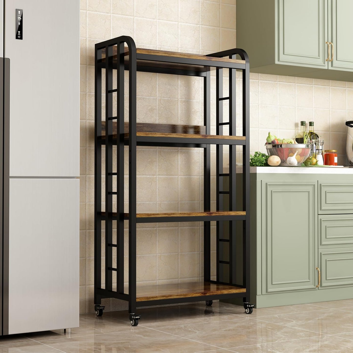 4-Tier Kitchen Baker's Rack with Rolling Wheels, Microwave Oven Cart Stand, Adjustable Utility Shelving Storage Unit, Heavy Duty Organizer Rack for Living Room, Garage, Home and Office(Brown)