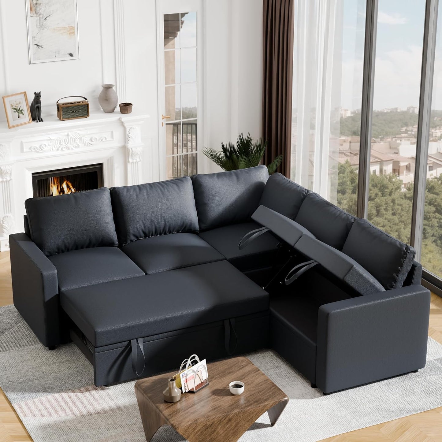 Sleeper Sofa Bed, Modular Sectional Couch with Pull Out Bed, L Shaped Sectional Convertible SofaBed with Storage Seat, for Living Room Apartment Bedroom Office Dark Gray Linen