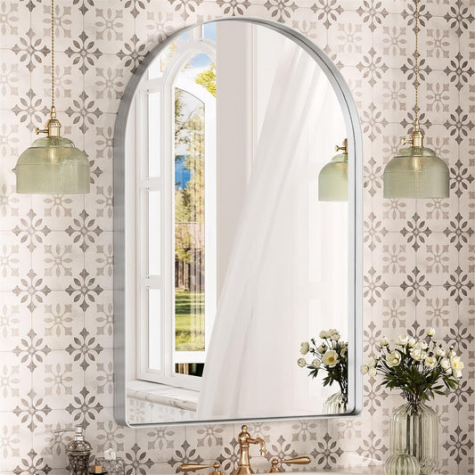 Suidia 22" x 30" Bathroom Mirror, Bathroom Vanity Mirror Metal Framed, Wall-Mounted Mirrors for Bedroom, Living Room, Entryway, Hallway, Silver, Arch Style