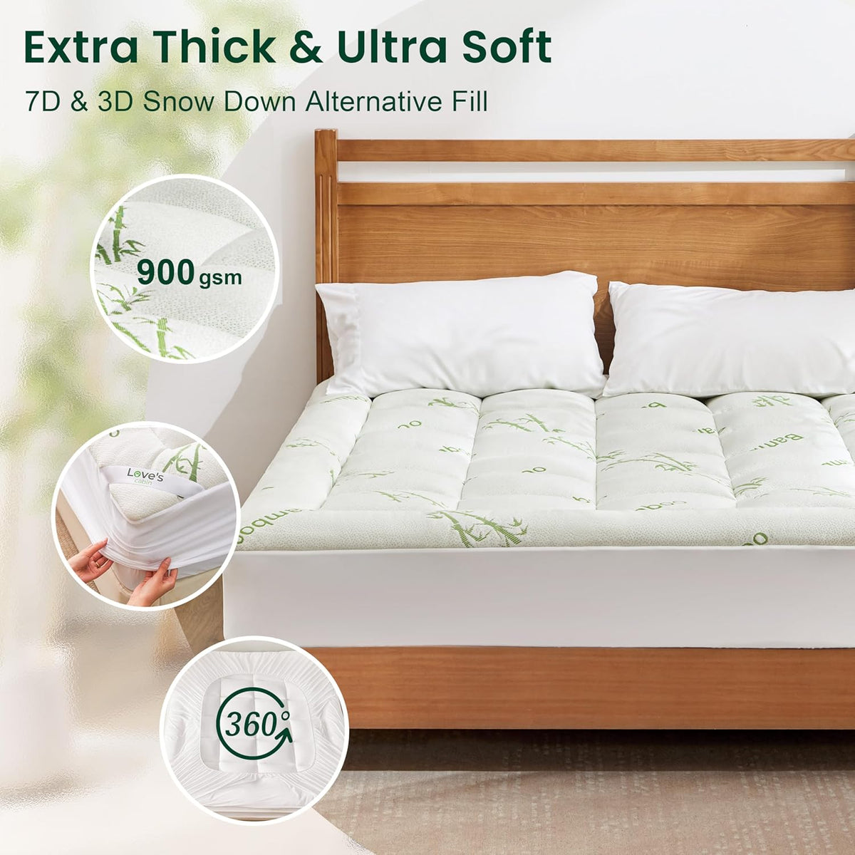 Love's cabin Twin Mattress Topper, Rayon Derived from Bamboo, 900 GSM Breathable Mattress Topper Pad, Thick Pillow Top Mattress Pad Stretches up with 8"-20" Deep Pocket(39"x75"), Green