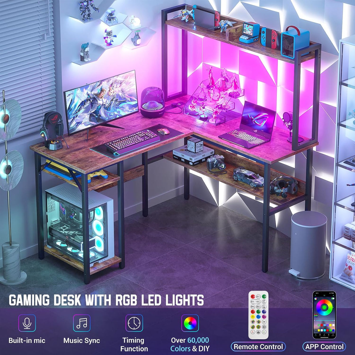 Unikito L Shaped Gaming Desk with LED Strip and Power Outlets, Reversible L-Shaped Computer Desk with Storage Shelves, Corner Desk with Hutch, 2 Person Home Office Desk, Rustic Brown