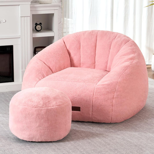 HABUTWAY Bean Bag Chair, Giant Bean Bag Chairs for Adults with Ottoman, Comfy Faux Fur Shell-Shaped Bean Bag Couch, Sofa Chair for Living Room, Bedroom, Pink