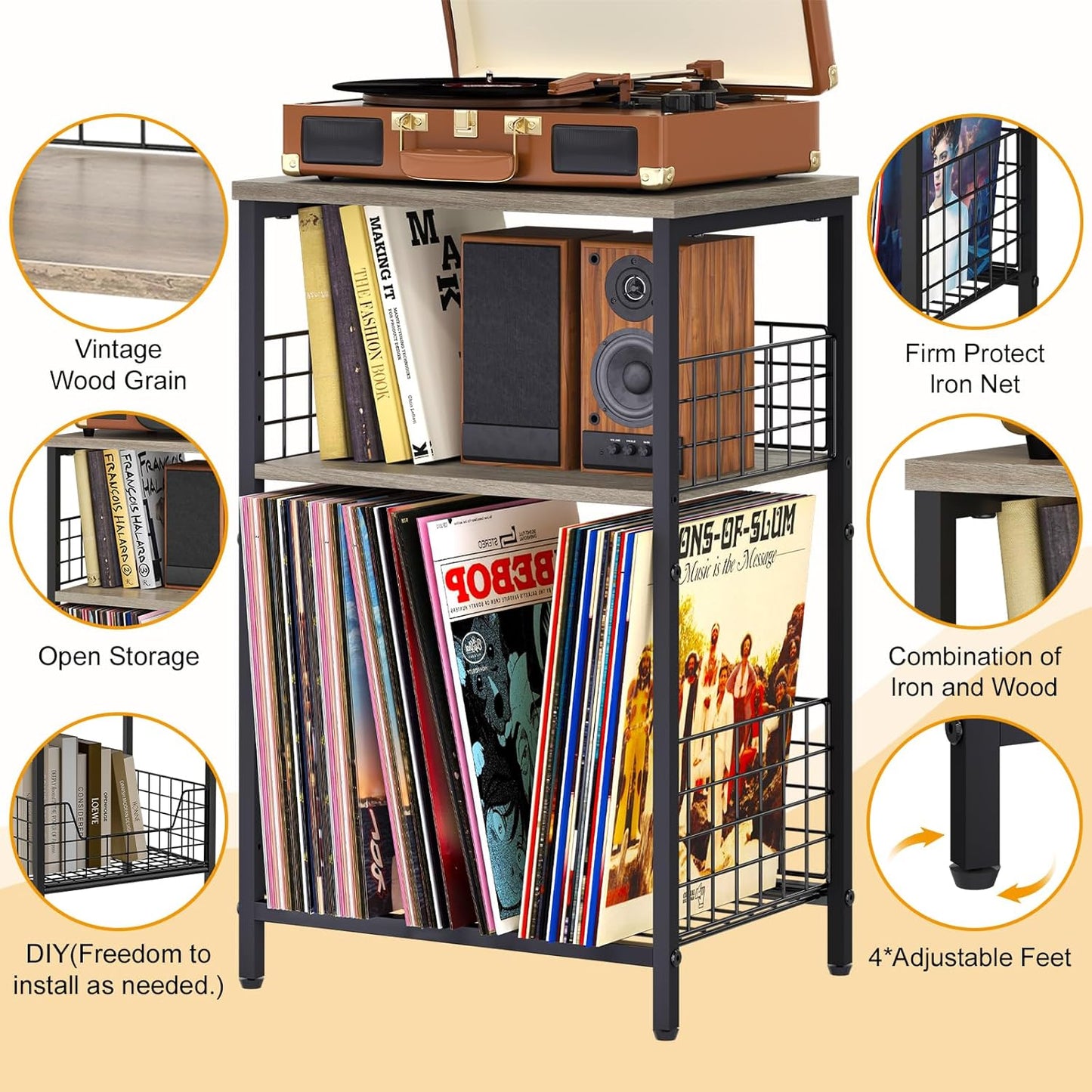X-cosrack Record Player Stand with Storage Up to 100 Albums, 3 Tier Vinyl Record Storage for Living Room, Turntable Stand with Record Holder & Display Shelf(Patent Pending)(Greige & Black)