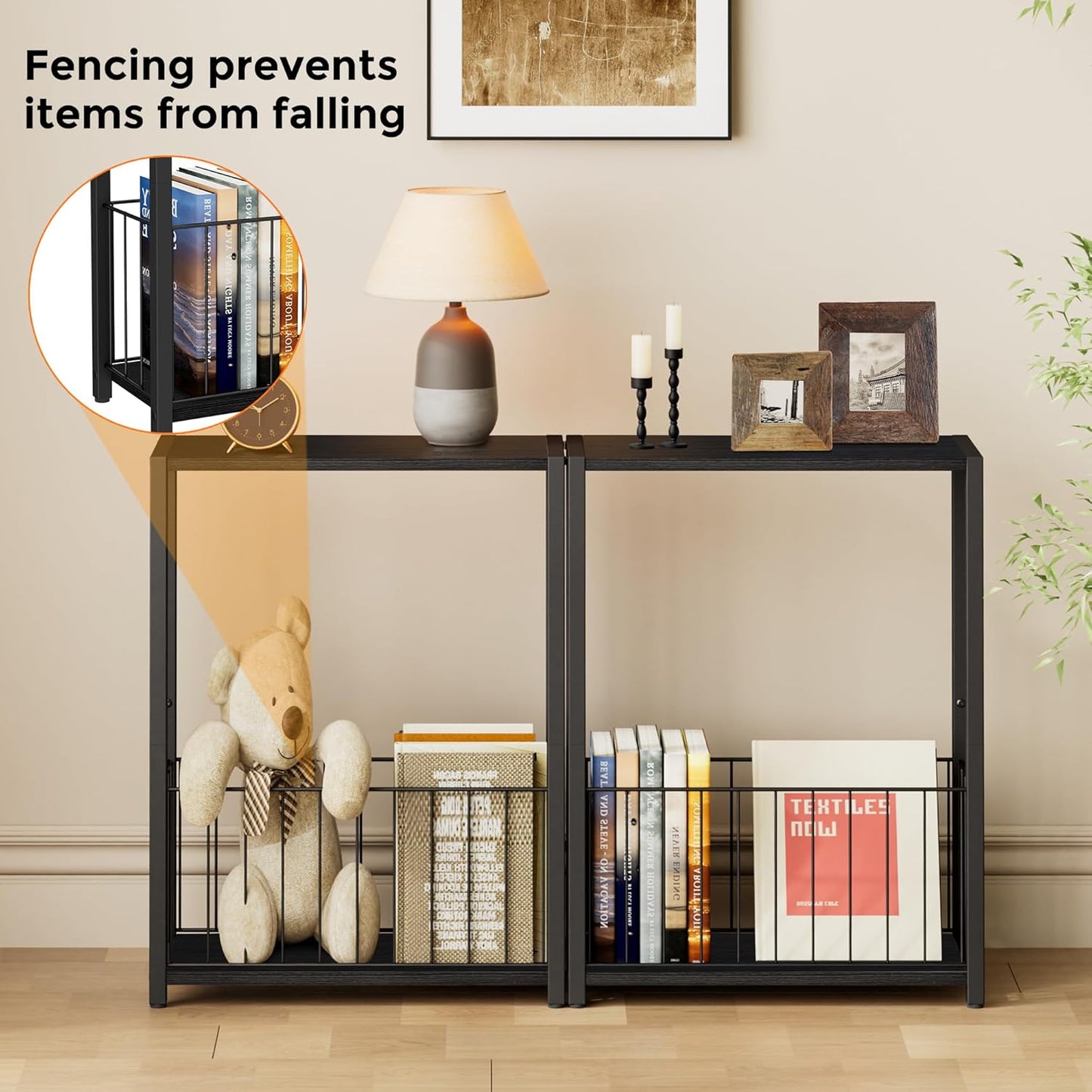 Narrow Side Table with Magazine Holder, Skinny End Table Perfect for Small Spaces, Space-Saving Design for Living Room, Bedroom, or Office, 7.1" D x 16.9" W x 23.6" H, Black