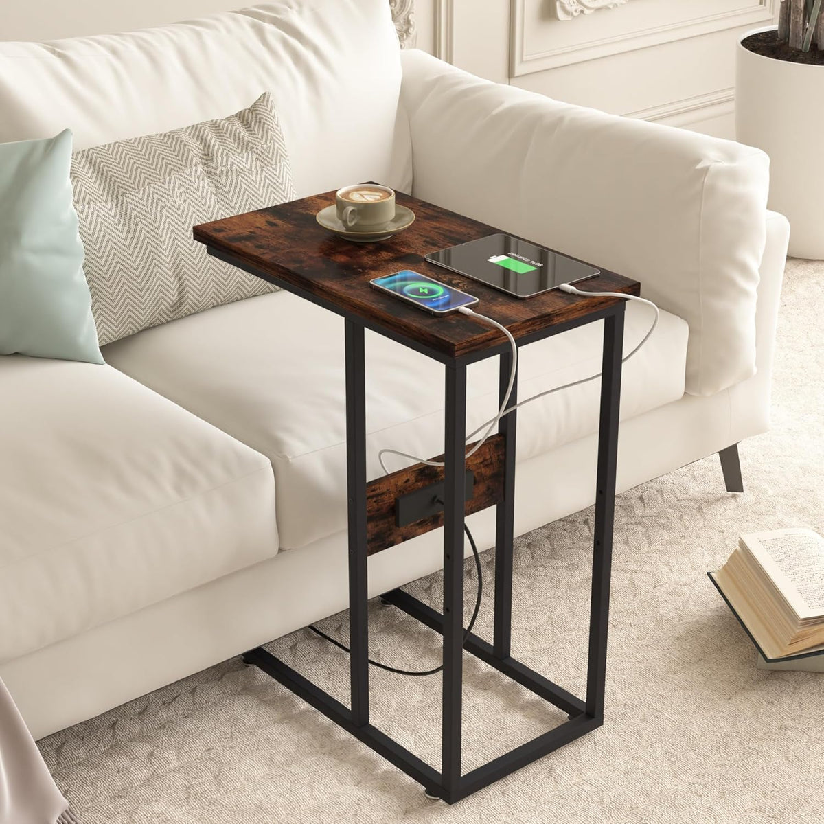 VECELO C Shaped End Side Table with Charging Station & Power Outlets for Couch Sofa/Bed Snack TV Tray with Metal Frame for Living Room Bedroom 1 Set, Brown