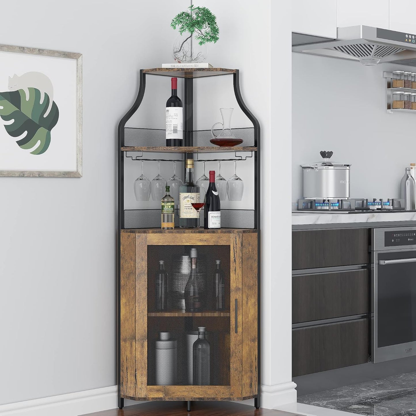 GAOMON Corner Wine Cabinet with Removable Wine Rack, Wine Bar Cabinet with Barn Door and Adjustable Shelves, Industrial Wine Cabinet for Dining Room, Living Room,Kitchen (Retro Brown)
