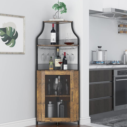 GAOMON Corner Wine Cabinet with Removable Wine Rack, Wine Bar Cabinet with Barn Door and Adjustable Shelves, Industrial Wine Cabinet for Dining Room, Living Room,Kitchen (Retro Brown)