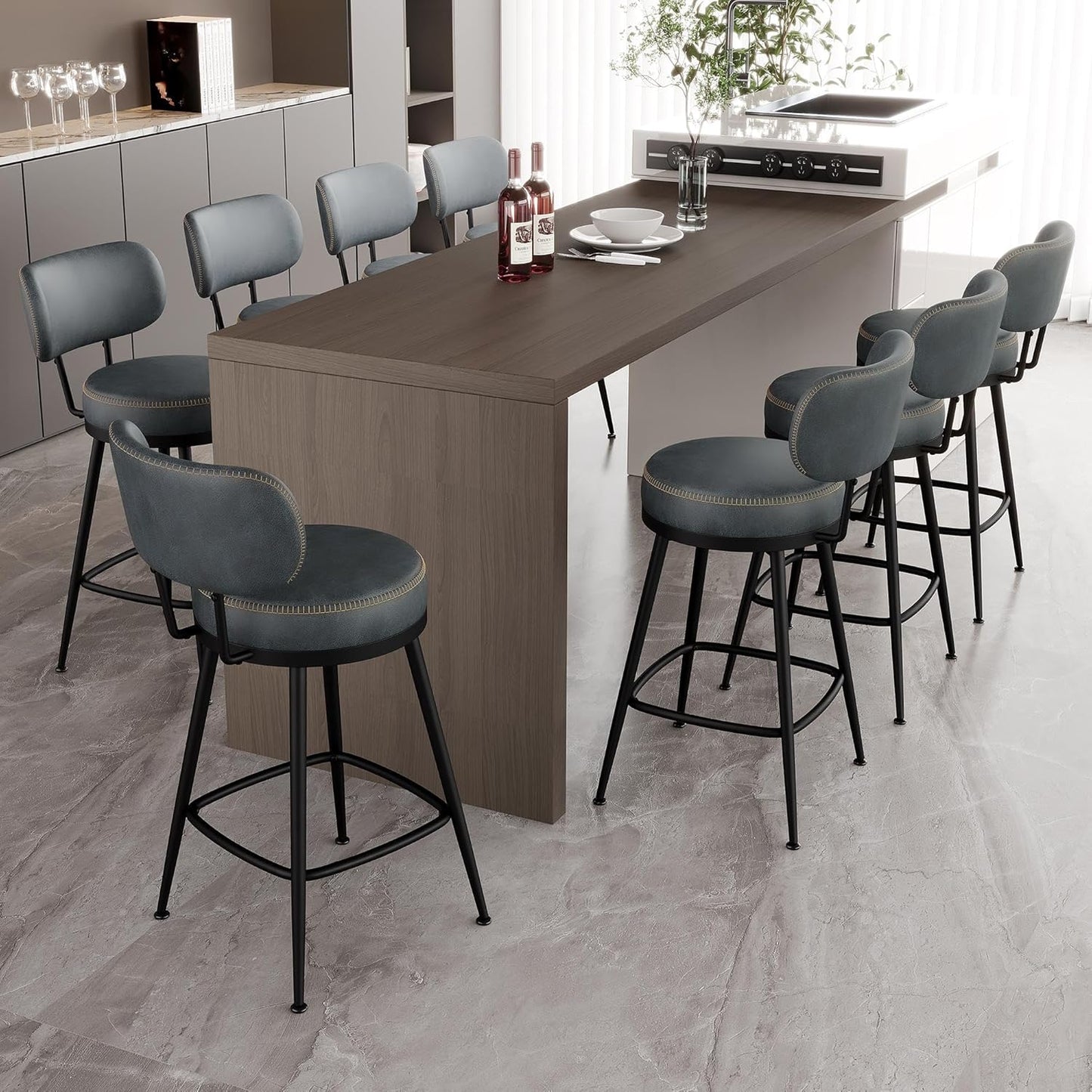 Counter Height Bar Stools, 26" H Swivel Barstools Set of 8, Faux Leather Kitchen Counter Stools with Back and Stylish Stitching, Metal Frame, Pub, Home Bar, Balck Green