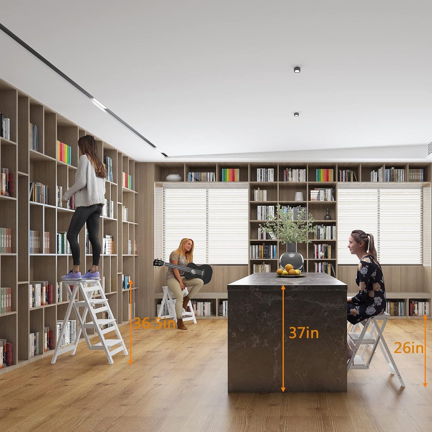 Step Stool for Adults/Step Ladder/Counter Chair, 4-Step Folding Portable Wooden Step Stool, Anti-Slip & Lightweight (White)