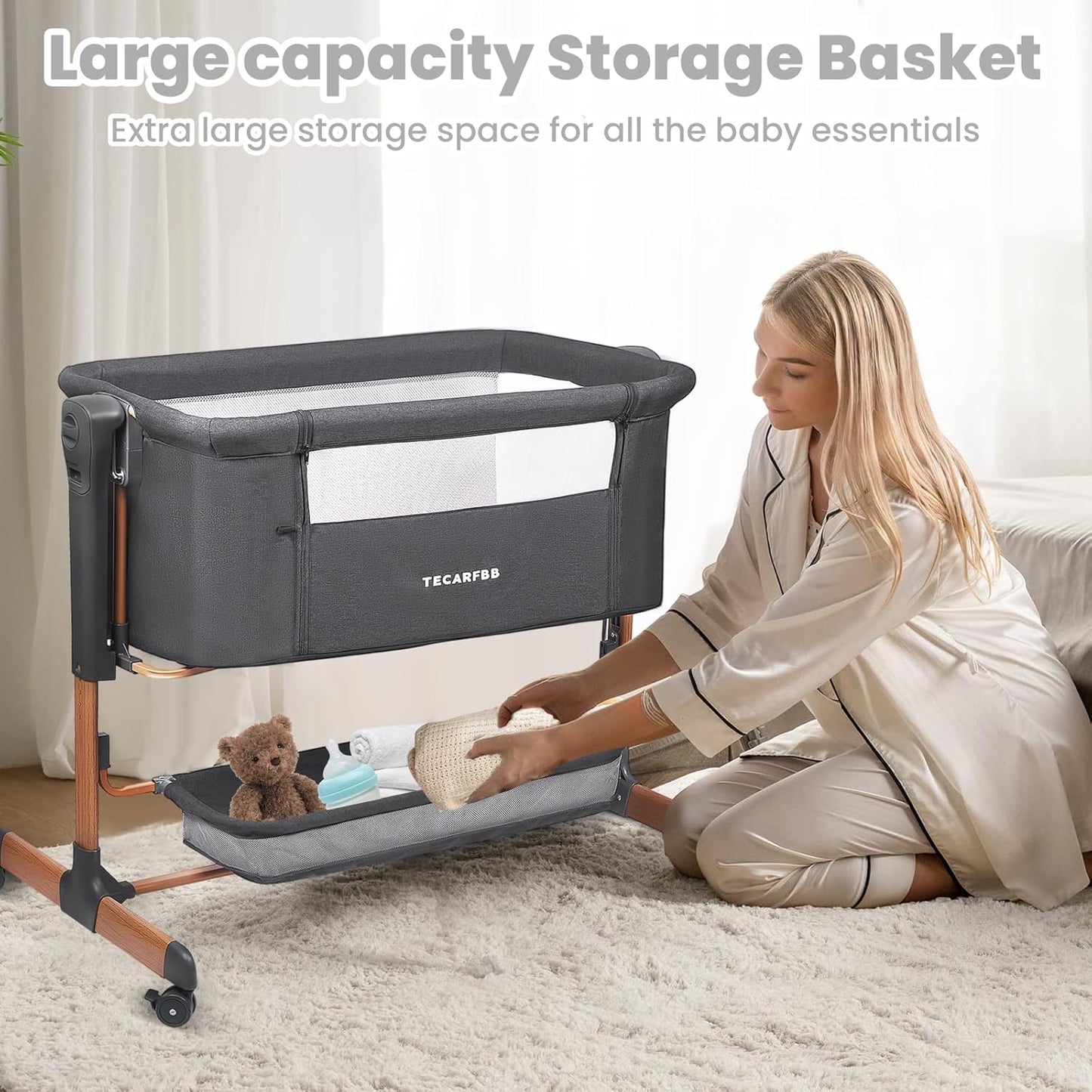 Baby Bassinet, 3 in 1 Bedside Sleeper for Newborn, Bedside Bassinet for Baby with 6 Adjustable Height, Soft Mattress, Compact, Easy to Fold