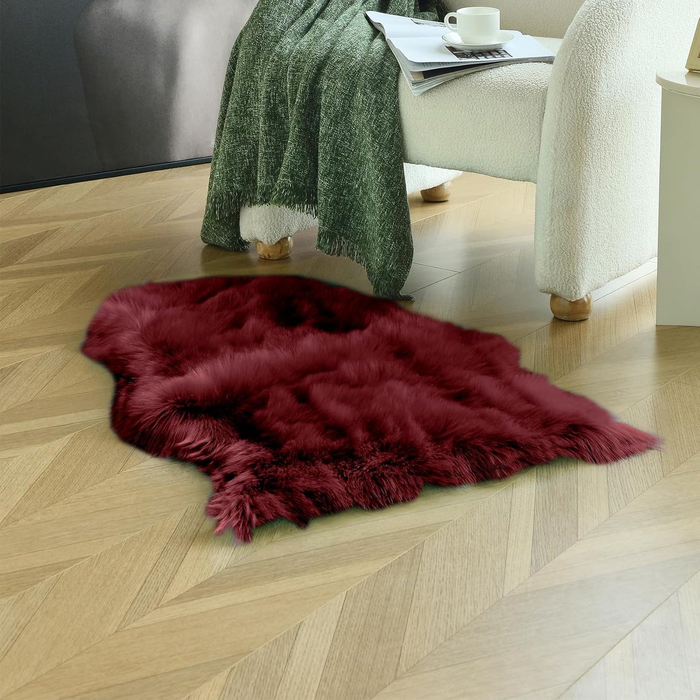 duduta Burgundy Sheepskin Throw Rug 2x3 ft, Fluffy Shag Faux Fur Seat Chair Covers Non Slip Washable