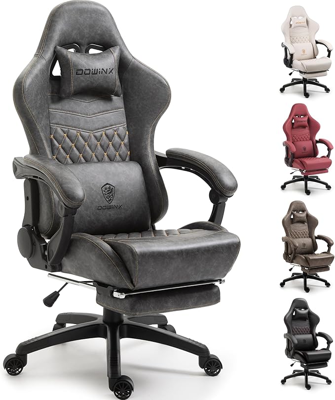 Dowinx Gaming Chair Big and Tall, Ergonomic PC Gaming Chair with Footrest & Massage, Racing Style Reclining Computer Chair for Adults, 400LBS Capacity - Heavy Duty Gamer Chair, Grey