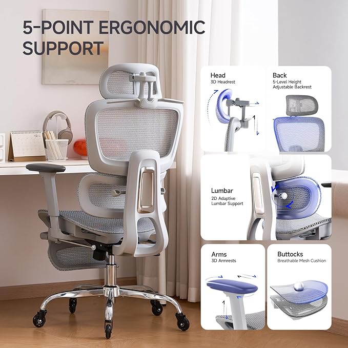 Office Chair with Footrest, Ergonomic Chair with Neck Pillow & Rubber Wheels, Computer Chair with Adjustable Backrest & 3D Armrests Headrest, Gaming Chair Adaptive Lumbar Support, Grey